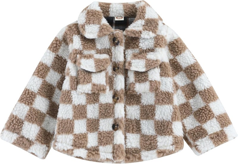 FEIBEL Store Toddler Kids Fleece Jackets Checkerboard Button Winter Warm Sherpa Coat Outwear for Boys Girls - Image 1
